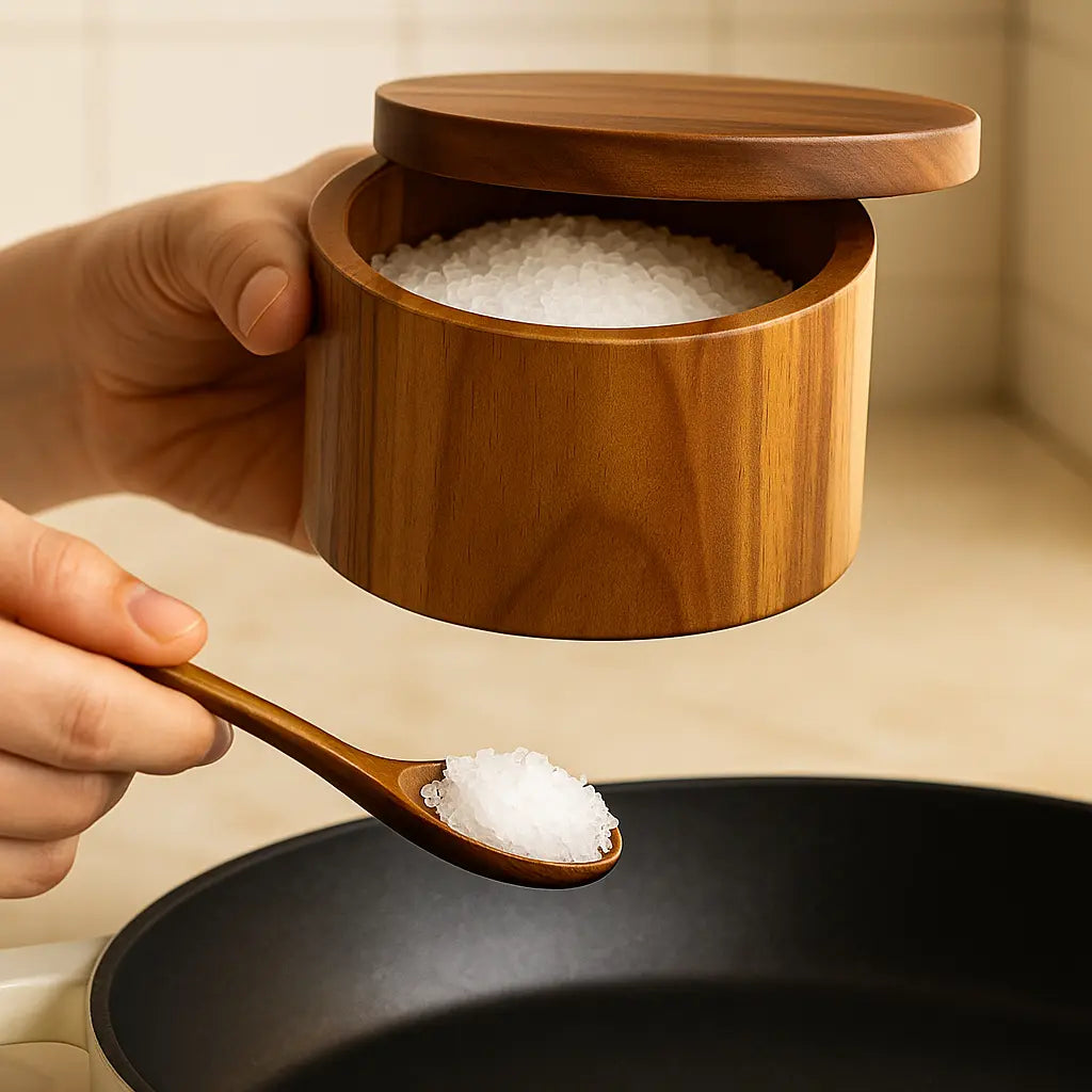 Natural Acacia Wood Salt & Pepper Cellar + Spoon Included