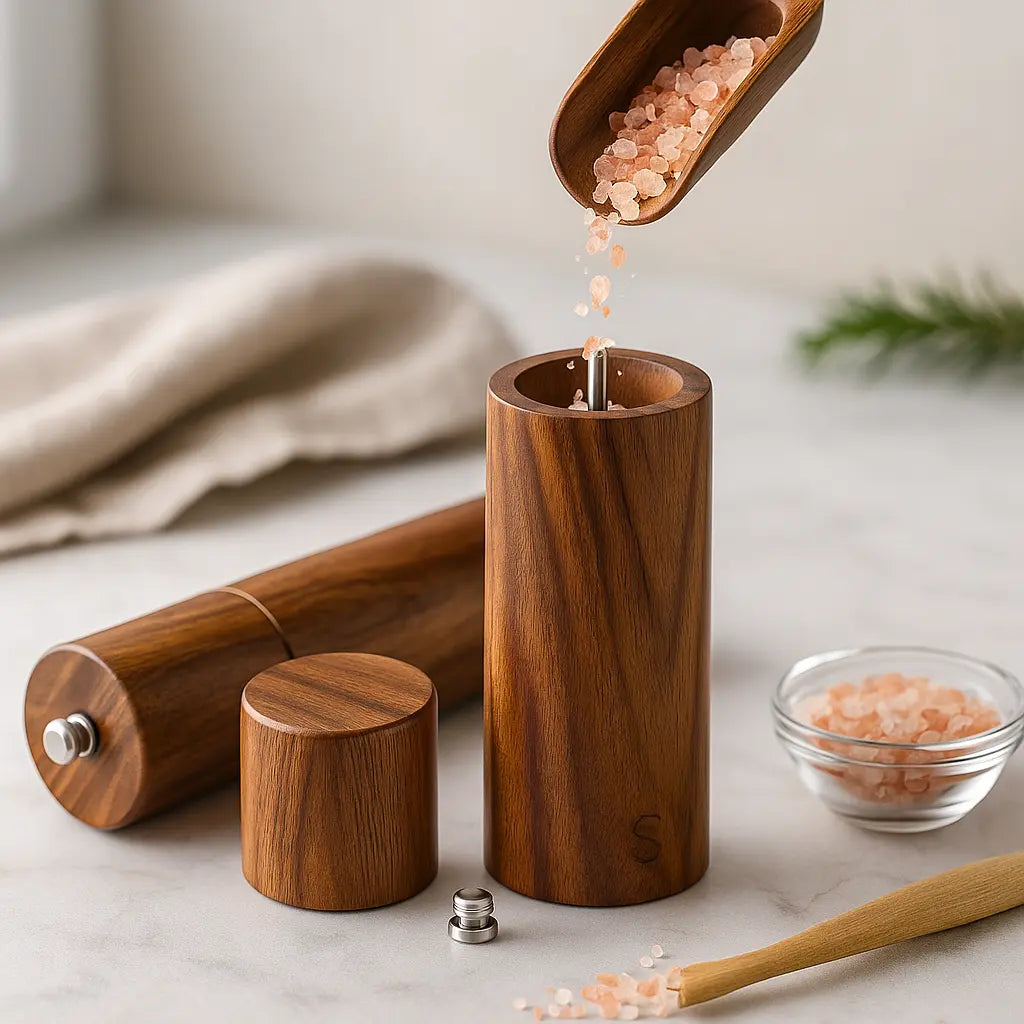 Natural Acacia Wood Salt & Pepper Grinder + Base Included