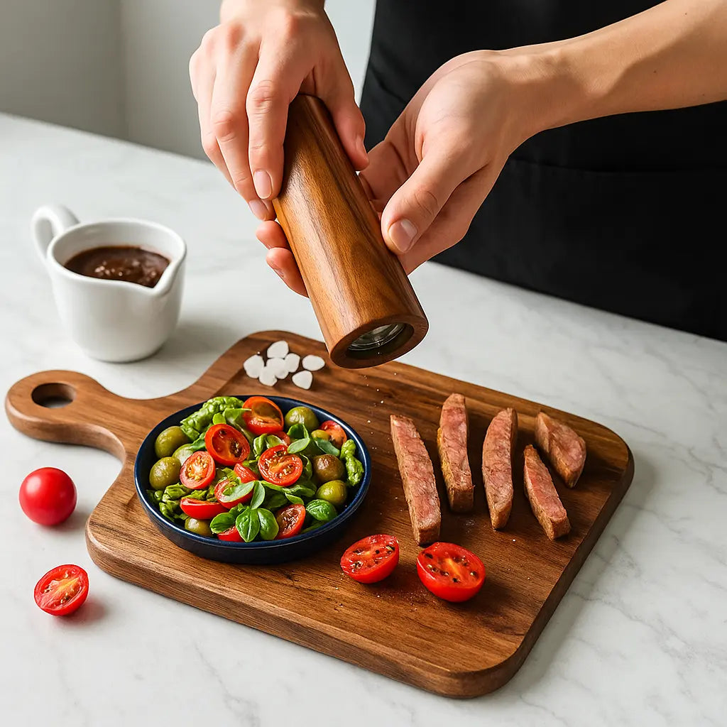 Natural Acacia Wood Salt & Pepper Grinder + Base Included