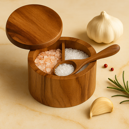 Natural Acacia Wood Salt & Pepper Cellar + Spoon Included