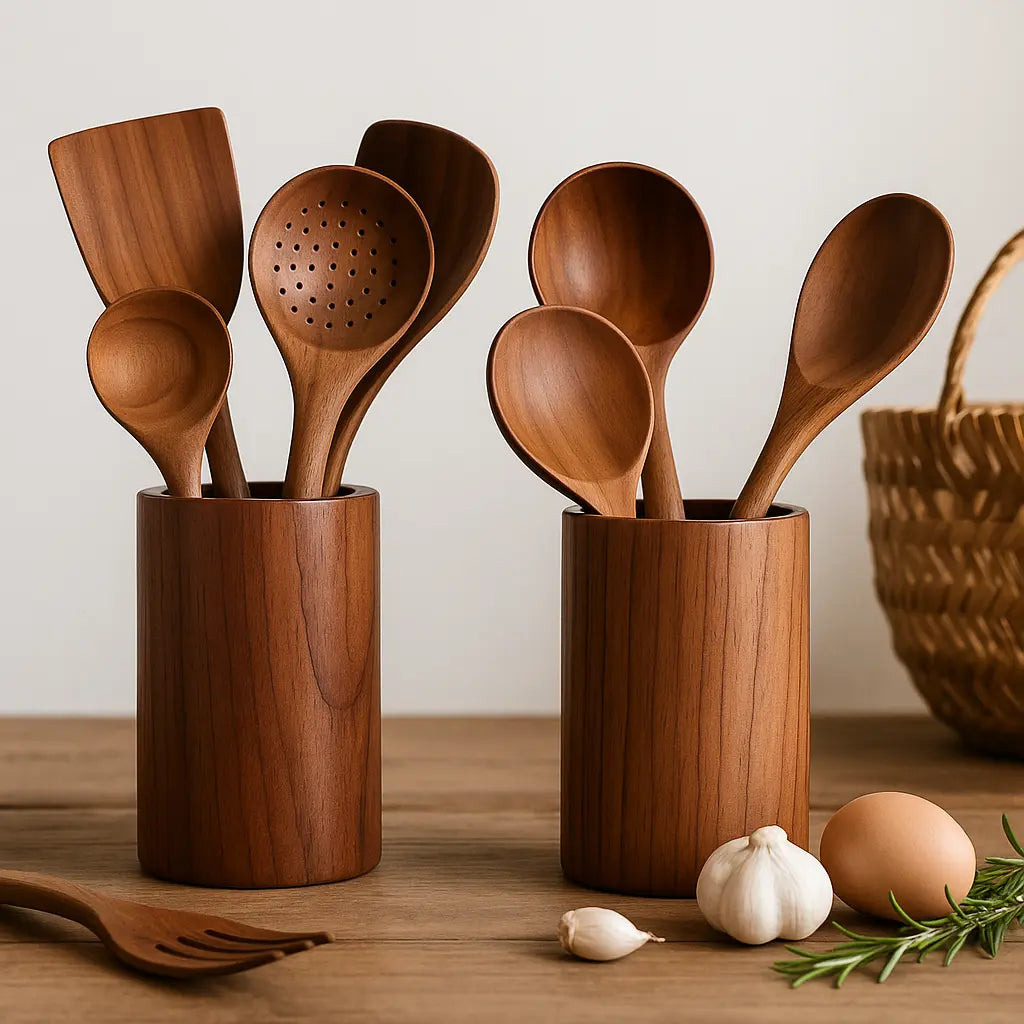 Natural Acacia Wood Utensil Holder & Spoon Rest