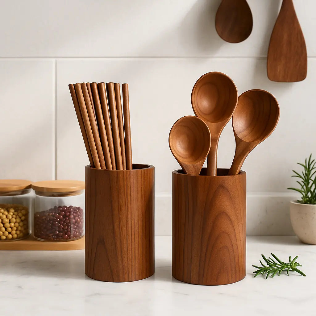 Natural Acacia Wood Utensil Holder & Spoon Rest