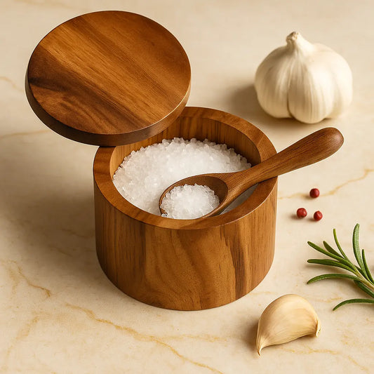 Natural Acacia Wood Salt & Pepper Cellar + Spoon Included