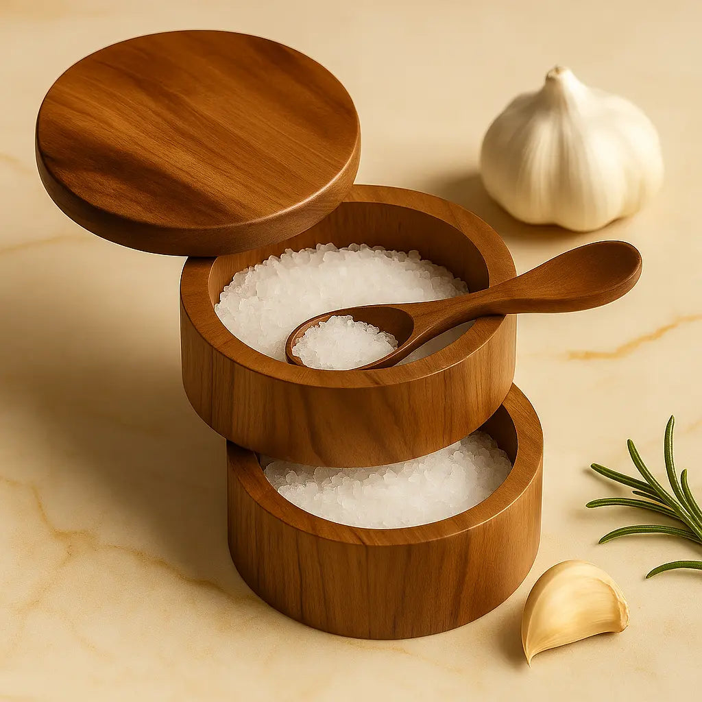 Natural Acacia Wood Salt & Pepper Cellar + Spoon Included