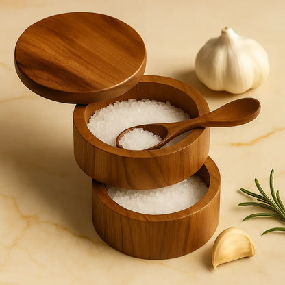 Natural Acacia Wood Salt & Pepper Cellar + Spoon Included