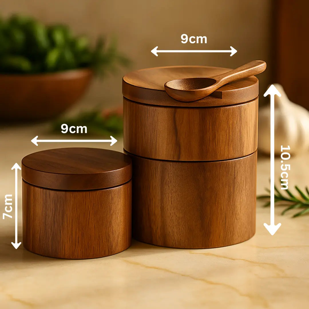 Natural Acacia Wood Salt & Pepper Cellar + Spoon Included