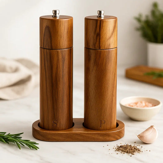 Natural Acacia Wood Salt & Pepper Grinder + Base Included